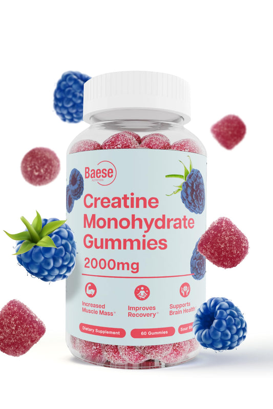 Baese Nutrition Creatine Monohydrate Gummies bottle with sour blue raspberry flavor