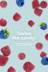 Sour blue raspberry flavor gummy close-up