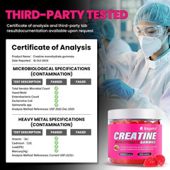 Assorted vegan creatine gummies spilling from bottle