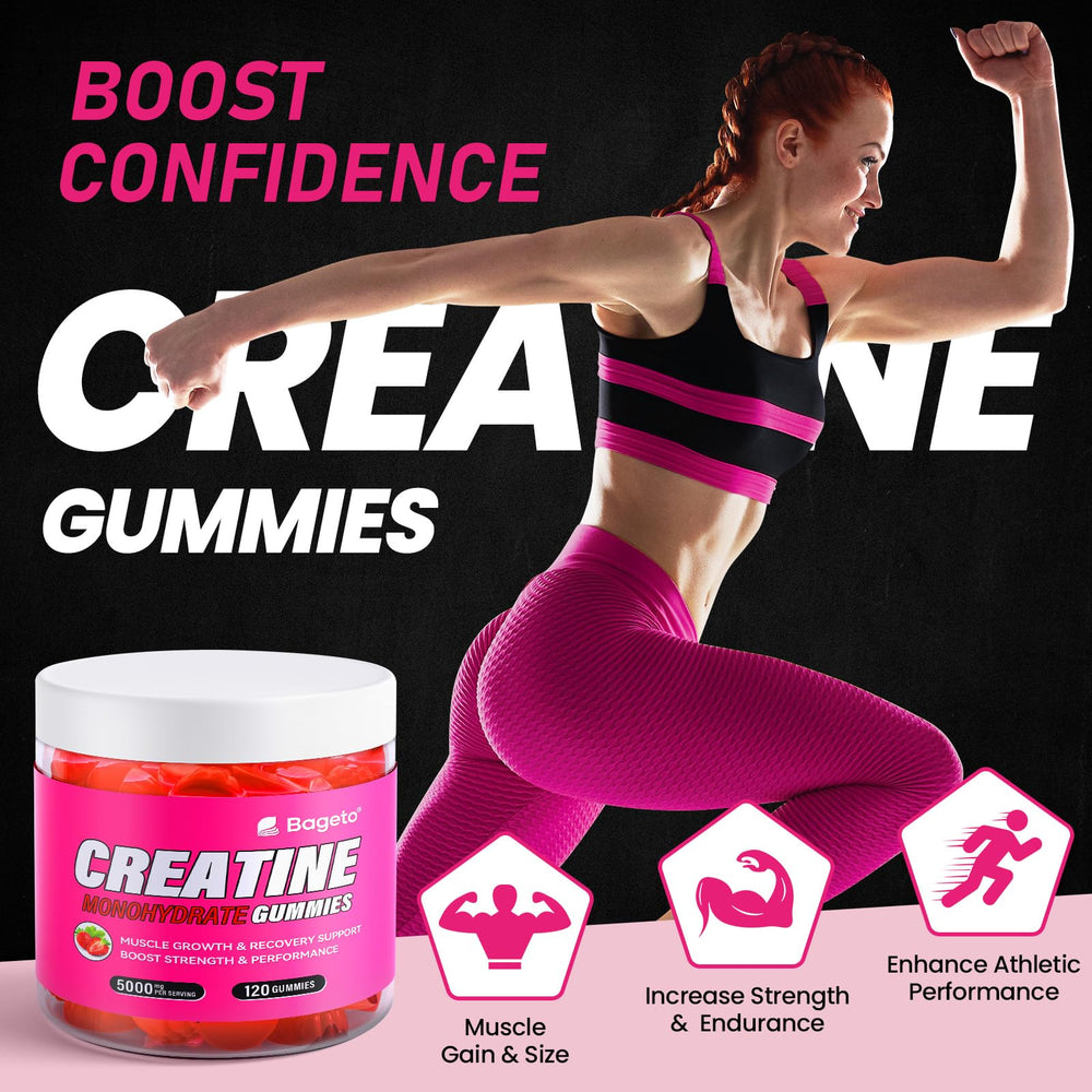 Strawberry-flavored creatine monohydrate gummies close-up