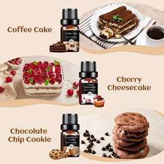 Assorted bakery fragrance oils for diffusers: Coffee Cake, Gingerbread, Cherry Cheesecake