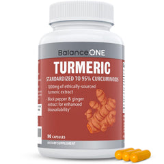 Front view of Balance ONE Turmeric 1000mg bottle
