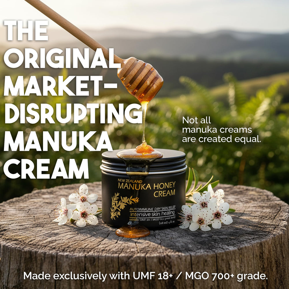 Manuka honey cream resting on bathroom counter ready for daily moisturization