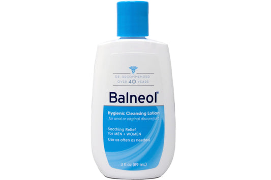 Balneol hygienic cleansing lotion bottle demonstrates gentle cleansing for sensitive areas.