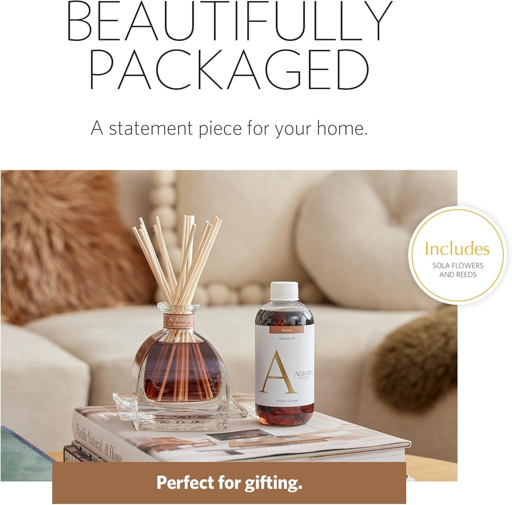 Close-up of AirEssence diffuser reeds and sola flowers in a glass bottle