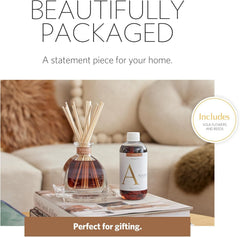 Close-up of AirEssence diffuser reeds and sola flowers in a glass bottle