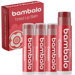 Bambalo Crimson tinted lip balm pack shot showing four tubes for hydration and color