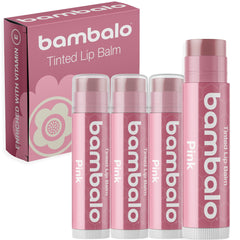 Bambalo pink tinted lip balm 4-pack packshot with soft rosy color for daily wear.