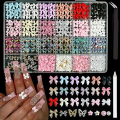 BANA ART bow charms kit with 24-compartment box for organized nail decor.