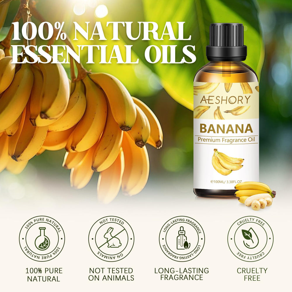 Close-up of banana essential oil bottle showing dropper