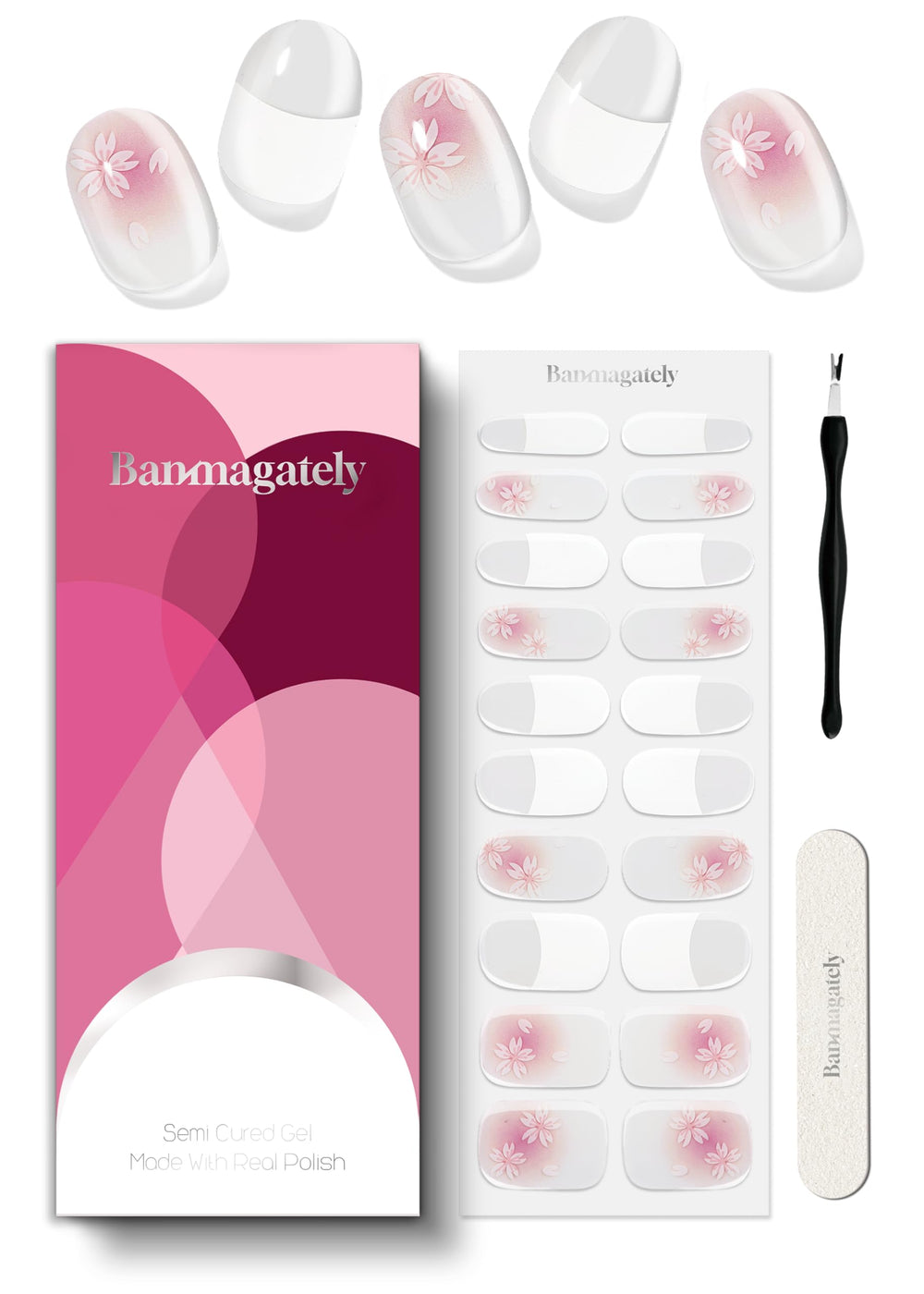 Banmagately semi cured gel nail strips closeup showing long wear and high gloss