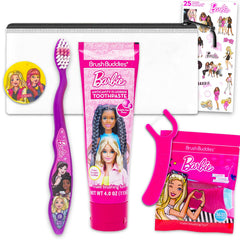 Barbie Oral Care Traveling Kit for Kids with toothbrush, toothpaste, floss, travel bag, and stickers