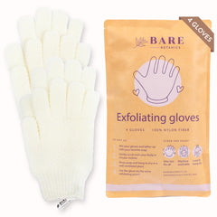 Bare Botanics front-view white exfoliating gloves for deep cleansing.