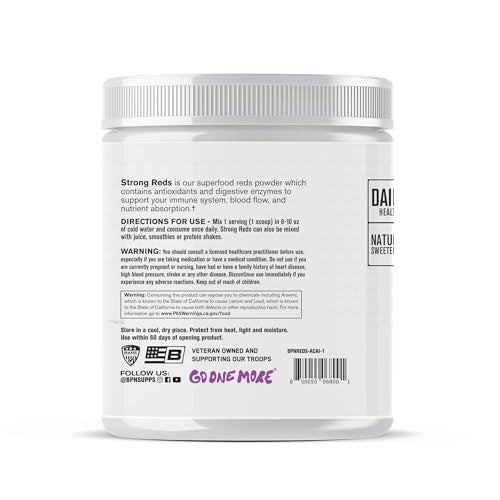 Strong Reds ingredient blend image highlights Acai, Cherry, Pomegranate for nutrient synergy.