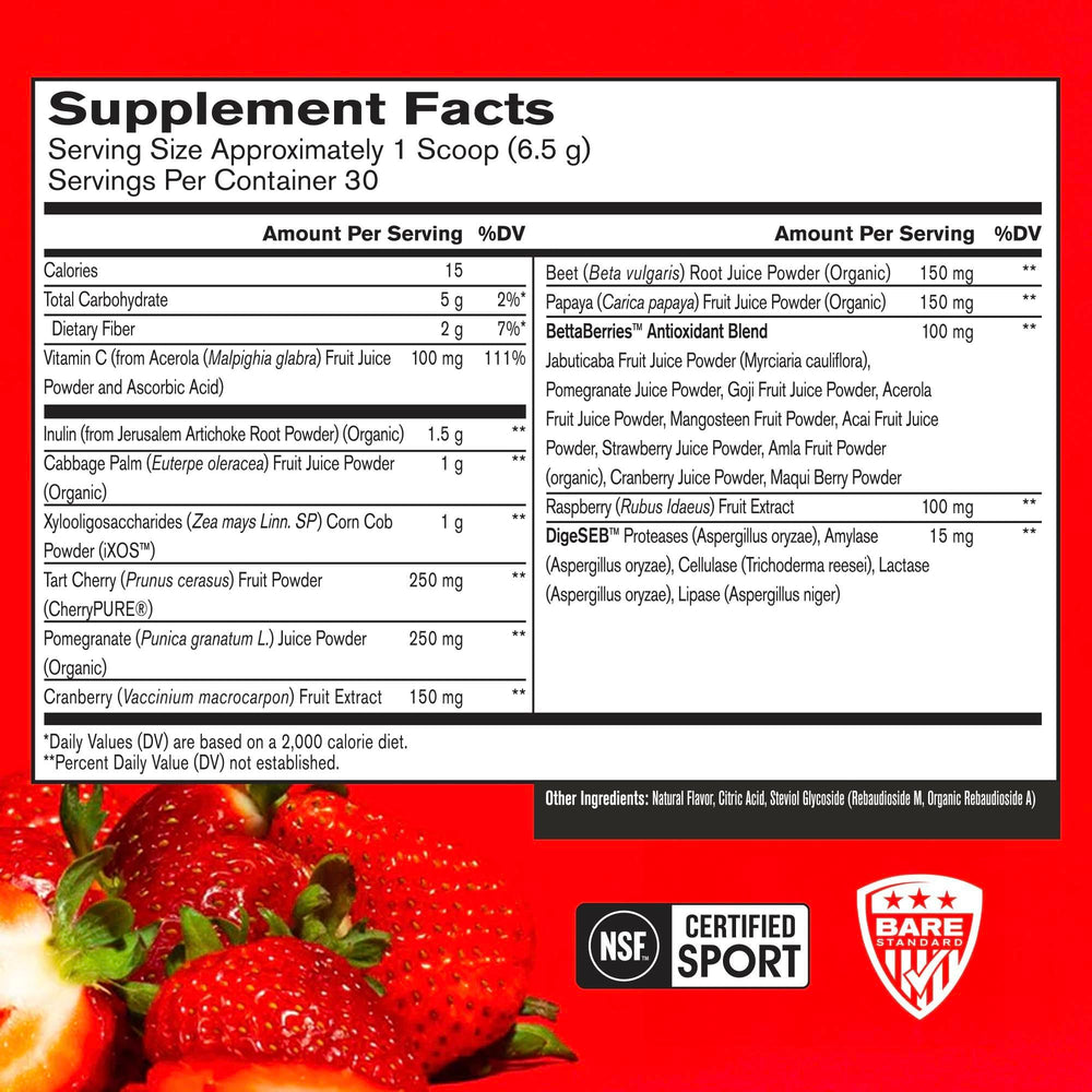 BARE PERFORMANCE NUTRITION Strong Reds label close-up highlighting antioxidant-rich formula for defense.