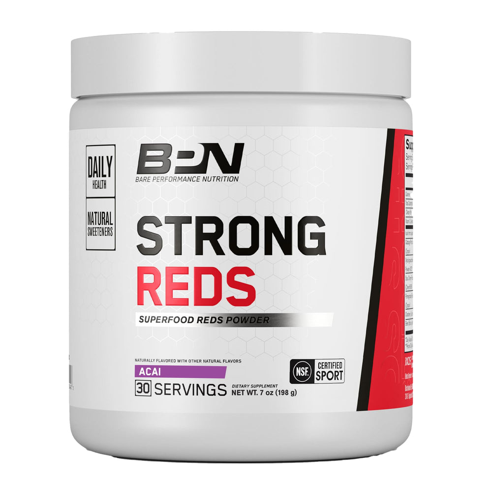 BARE PERFORMANCE NUTRITION Strong Reds powder tub highlighting antioxidant-rich formula for daily wellness.