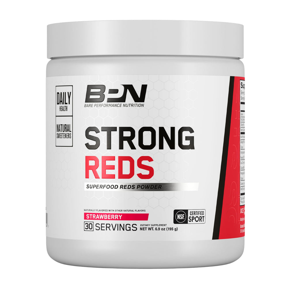 BARE PERFORMANCE NUTRITION Strong Reds tub front with strawberry powder for daily energy support.