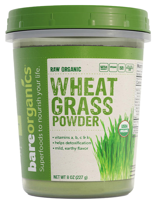 BareOrganics Wheatgrass Powder 8 oz packaging - organic vegan dietary supplement