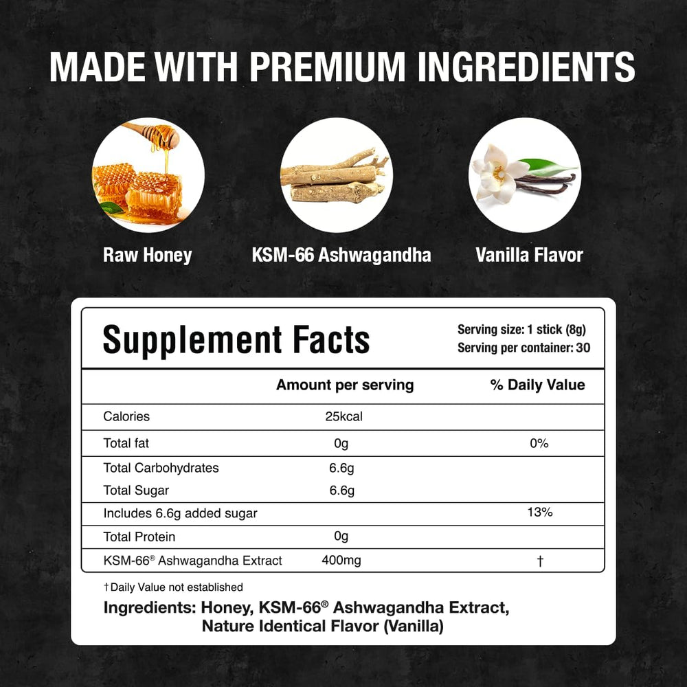 Ingredients label showing Ashwagandha KSM-66 and organic honey