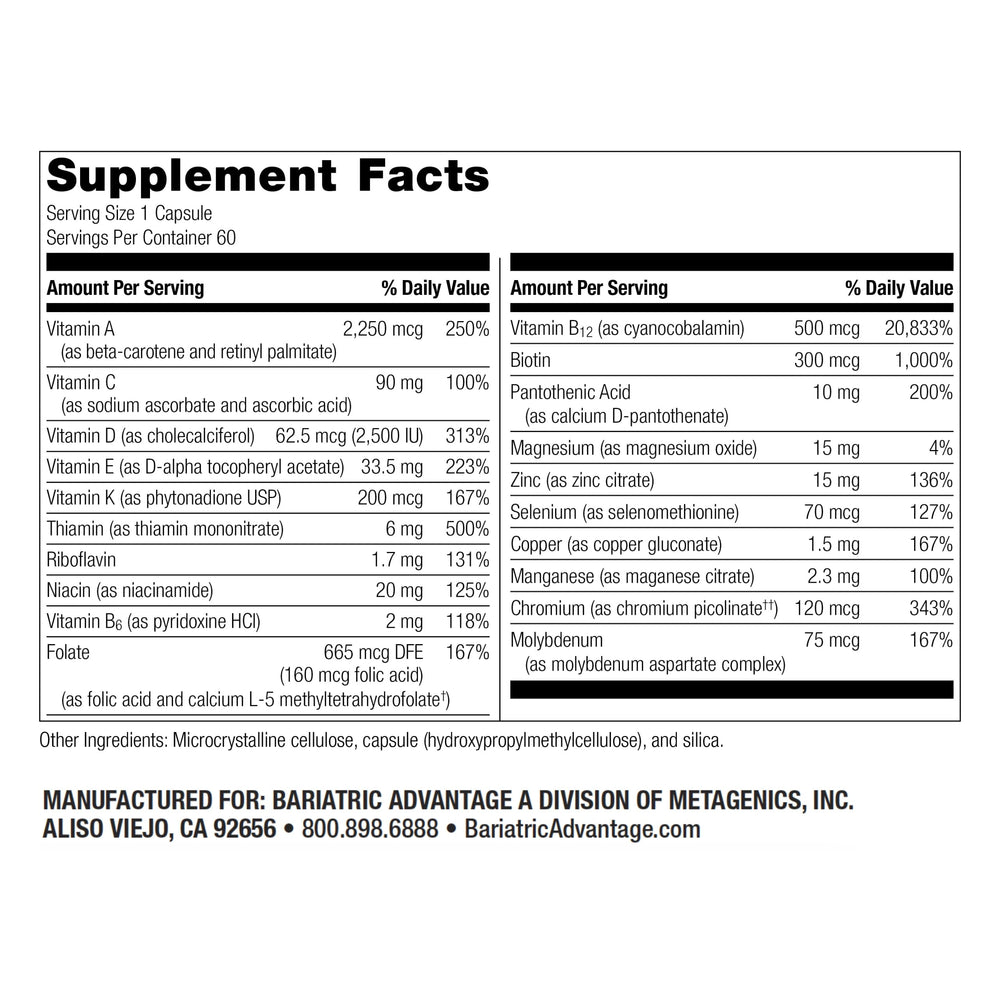 Label of Bariatric Advantage ADEK Multi vitamin bottle showing 60 capsules
