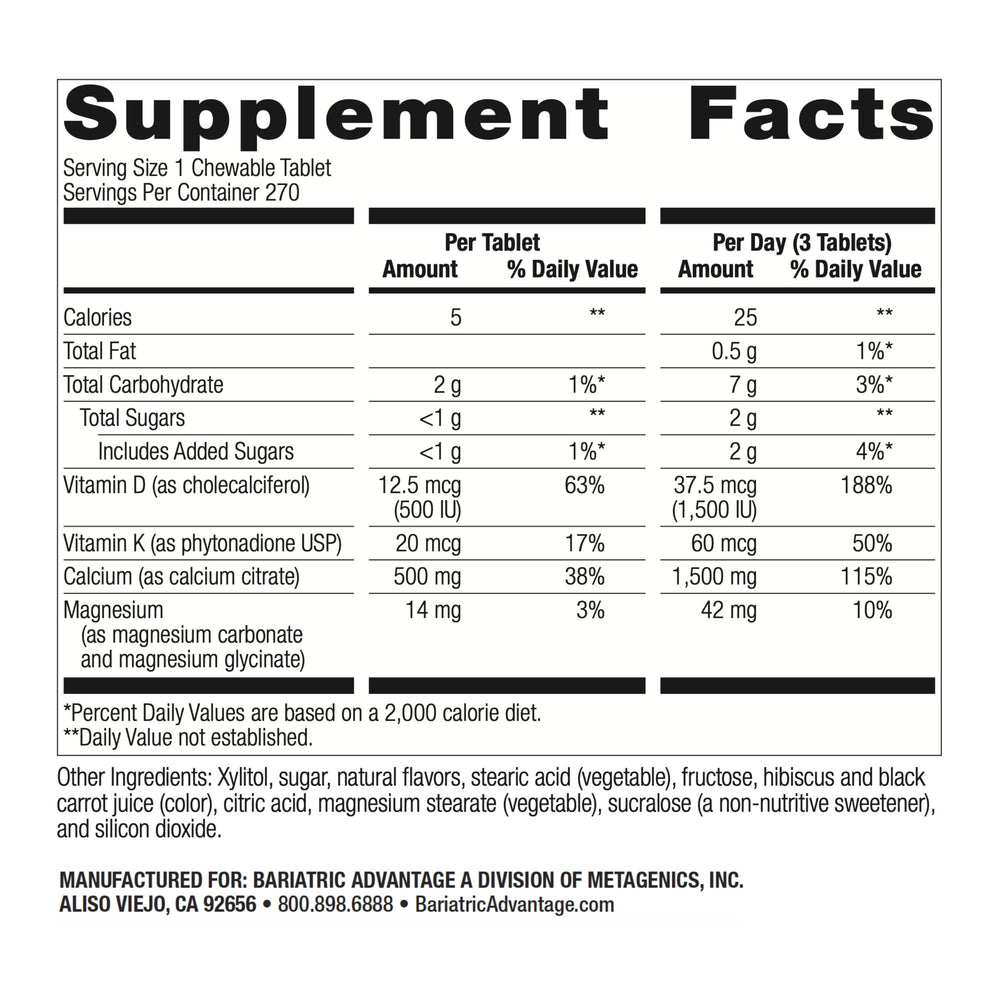 Nutrition label highlighting calcium citrate and Vitamin D3 content