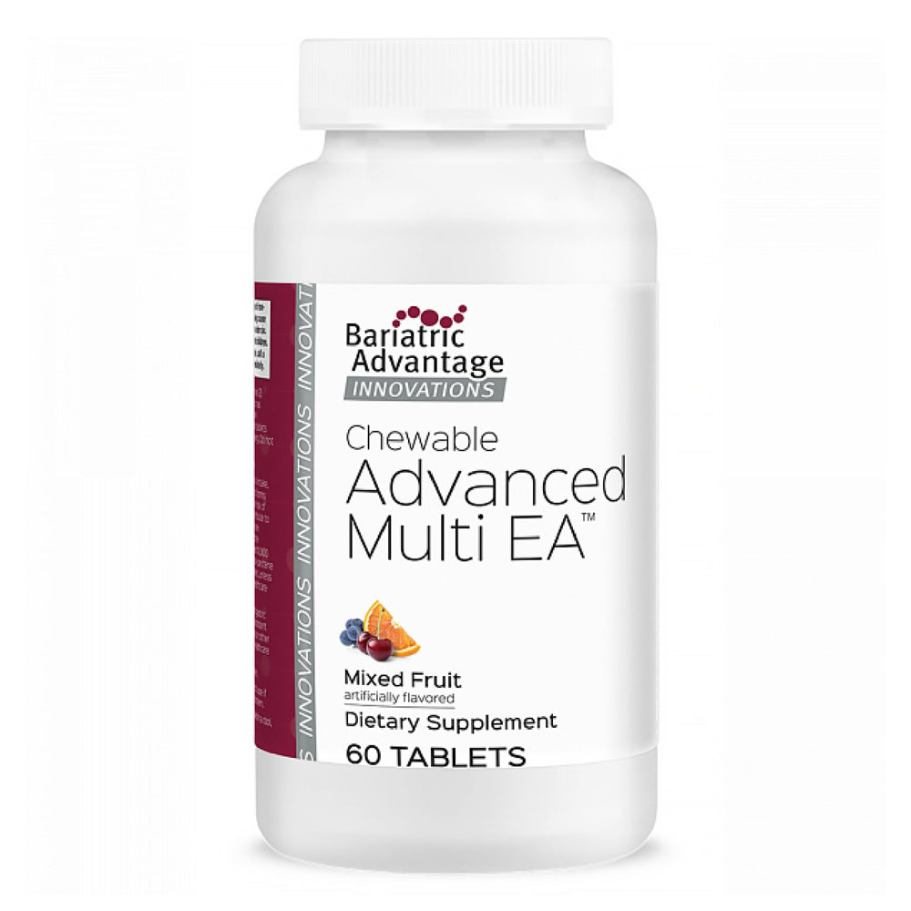 Bariatric Advantage chewable Advanced Multi EA bottle pour showing easy daily dosing benefits.