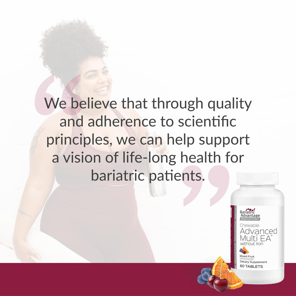Nutrition facts panel of Bariatric Advantage iron-free multivitamin for post-surgery planning.