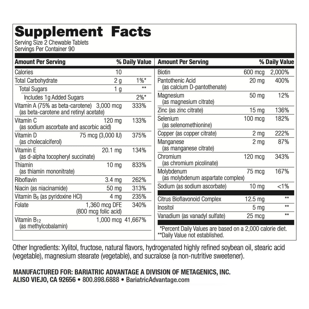 Side view of Bariatric Advantage orange chewable multivitamin bottle