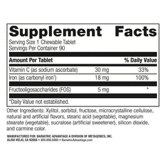 Close-up of label showing 18 mg iron per chewable