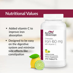 Nutrition facts panel for Bariatric Advantage iron chewable with vitamin C