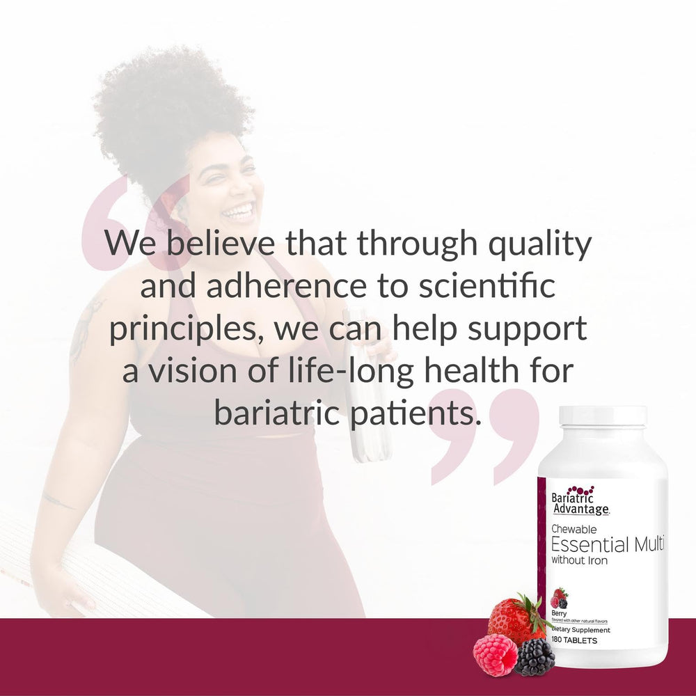 Nutrition facts label for Bariatric Advantage chewable multivitamin without iron Berry/orange flavor