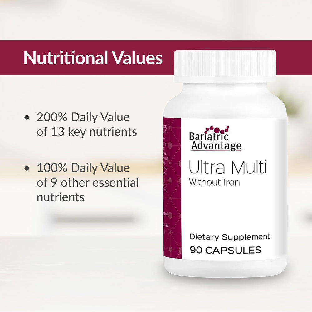 Product label for Bariatric Advantage Ultra Multi Without Iron showing 22 vitamins