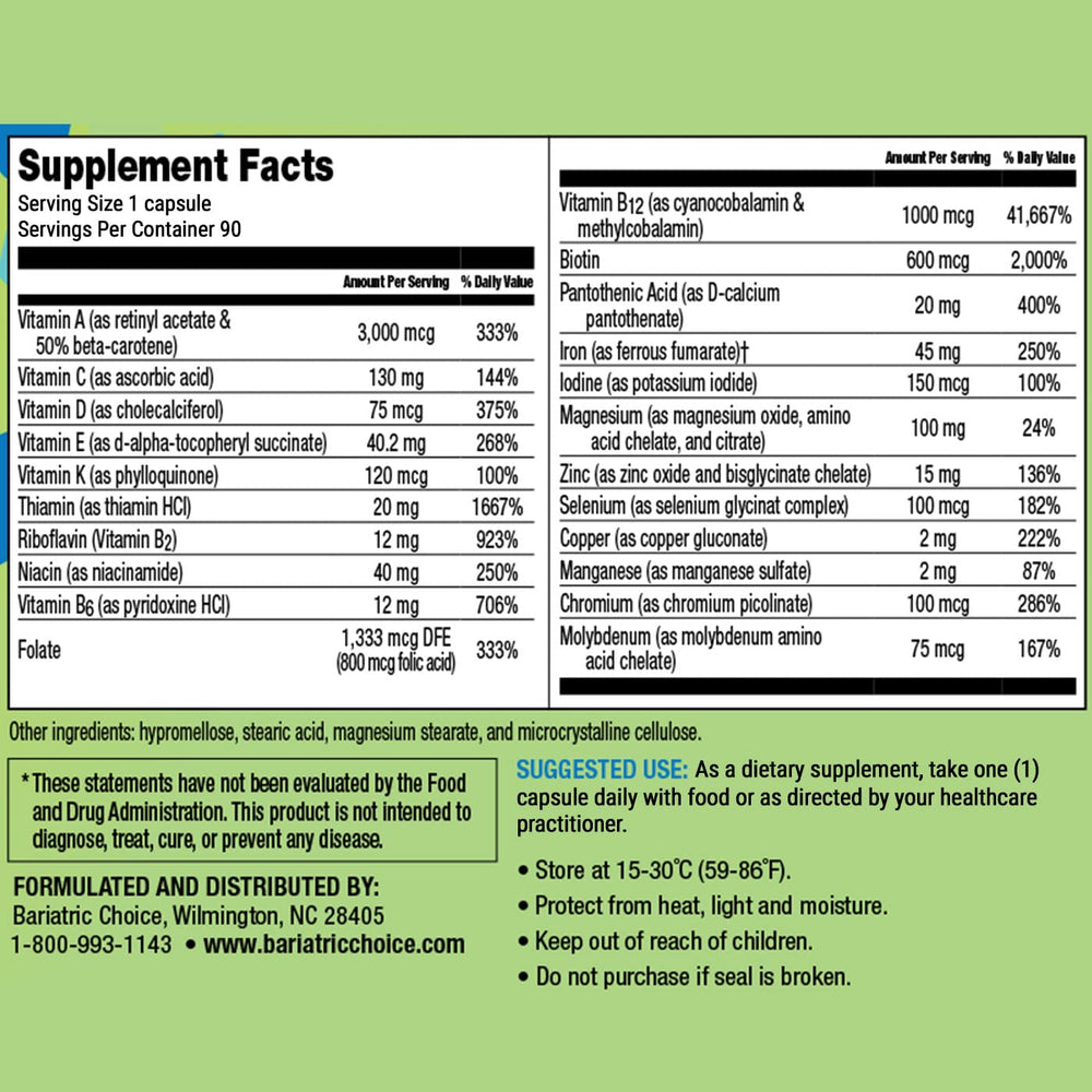 Graphic showing 22 essential nutrients with 14 at 200% RDA