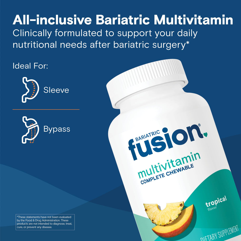 Bariatric Fusion chewable multivitamin with iron tropical flavor bottle back label