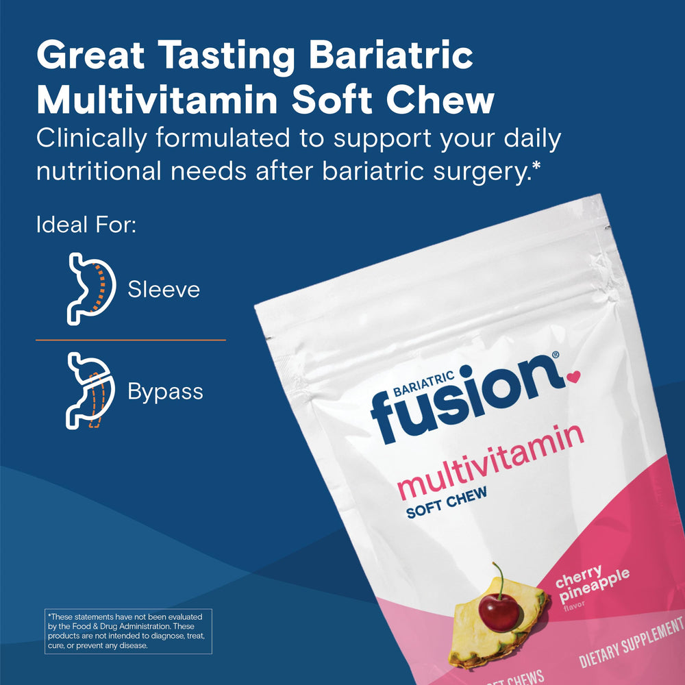 Close-up of Bariatric Fusion Cherry Pineapple soft chew multivitamin bottle