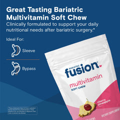 Close-up of Bariatric Fusion Cherry Pineapple soft chew multivitamin bottle