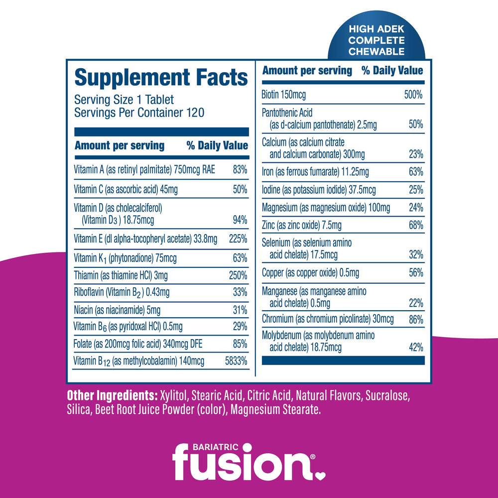 Bariatric Fusion tablets poured from bottle to illustrate convenient daily chewables.