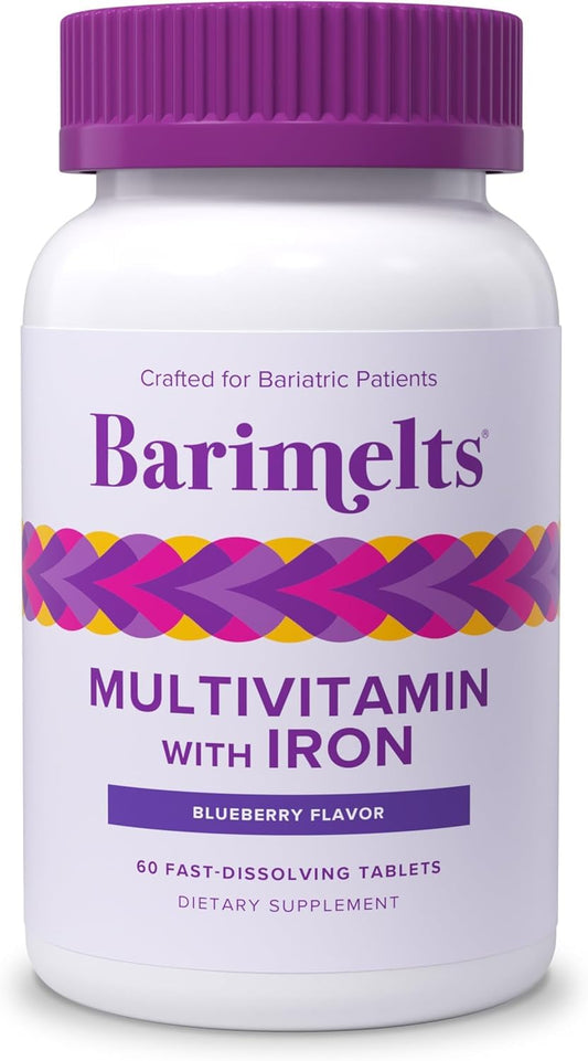 Front view of BariMelts Bariatric Multivitamin with Iron 60-tablet bottle