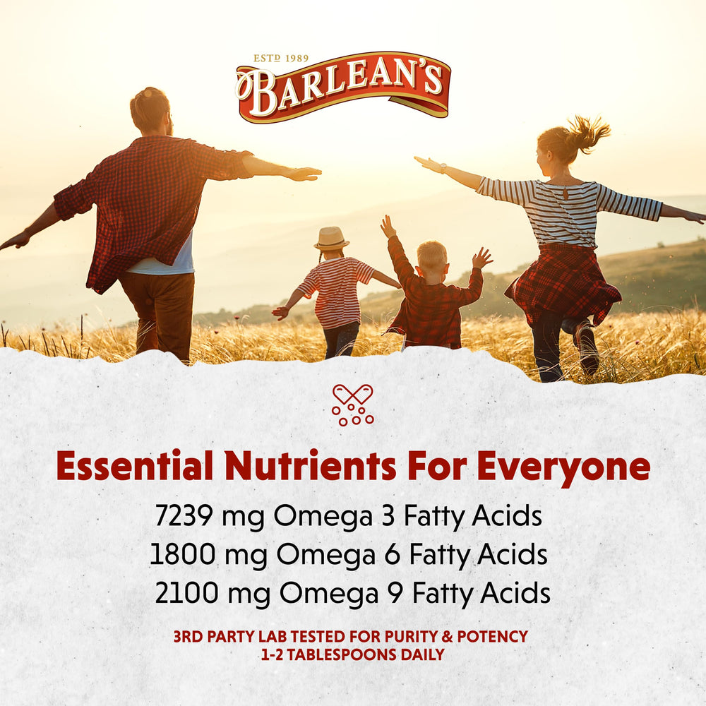 Barlean's flax oil bottle label emphasizes vegan, gluten-free and organic sourcing.