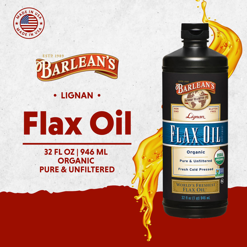 Barlean's flax oil spoon dip highlights a smooth, nutty flavor for straight-from-the-spoon enjoyment.