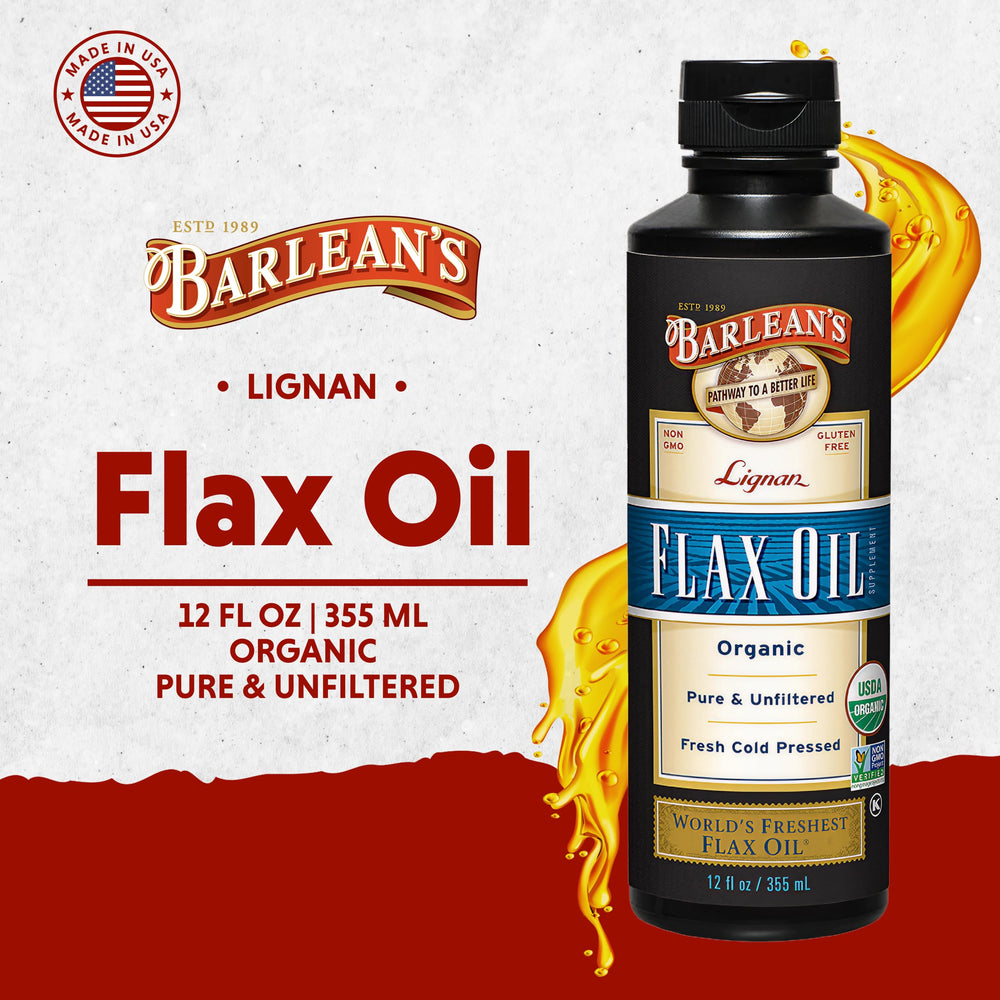 Barlean's flaxseed oil bottle label displaying product details