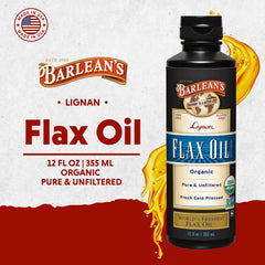 Barlean's flaxseed oil bottle label displaying product details