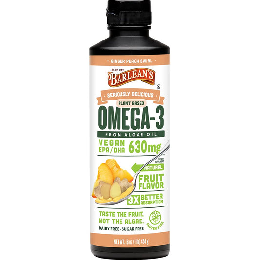 Barlean's Ginger Peach Vegan Omega-3 Algae Oil bottle, 16 oz