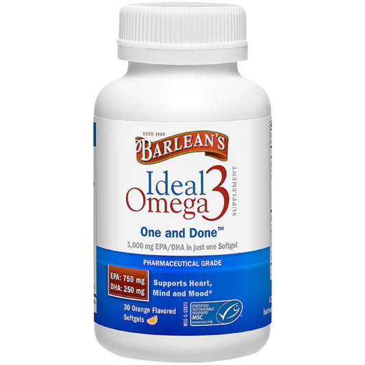 Hero shot of Barlean's Ideal Omega-3 Softgels bottle (30-count)