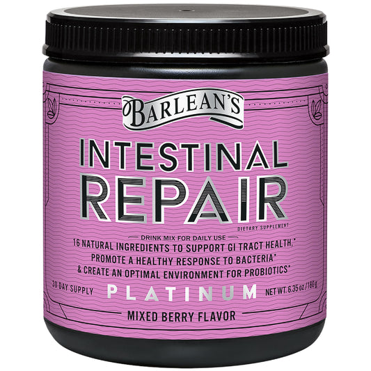 Barlean's Intestinal Repair powder bottle showing 16-ingredient formula for gut health