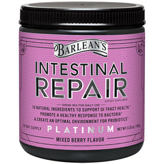 Barlean's Intestinal Repair powder bottle showing 16-ingredient formula for gut health