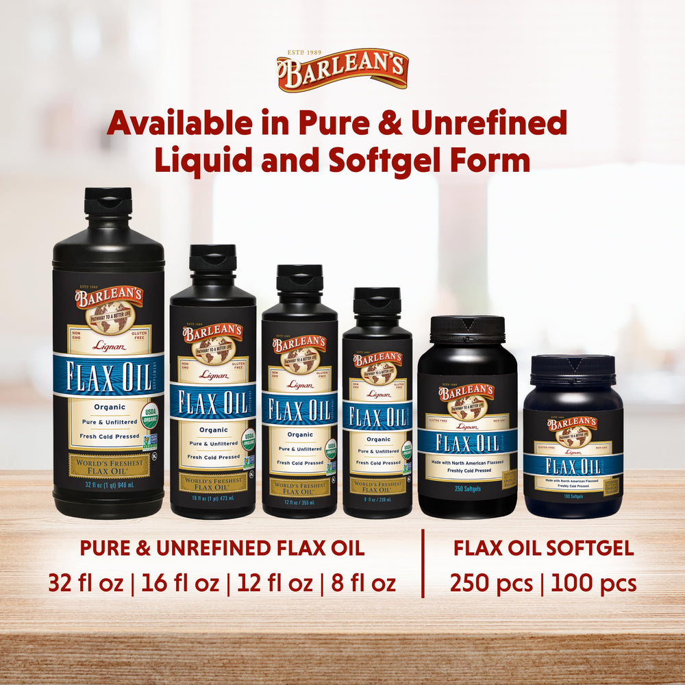 Barlean's Organic Lignan Flaxseed Oil on a kitchen counter, USA-made