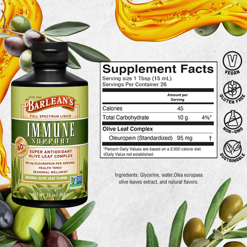 Barlean's Olive Leaf Complex pour scene with convenient bottle design.