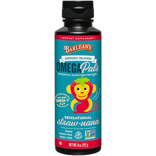 Barlean's Omega Pals Kids Straw-Nana 8 oz bottle on a clean background