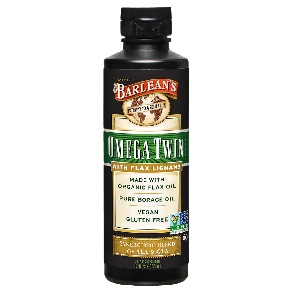 Barlean's Omega Twin Liquid bottle with flaxseed and borage oil label